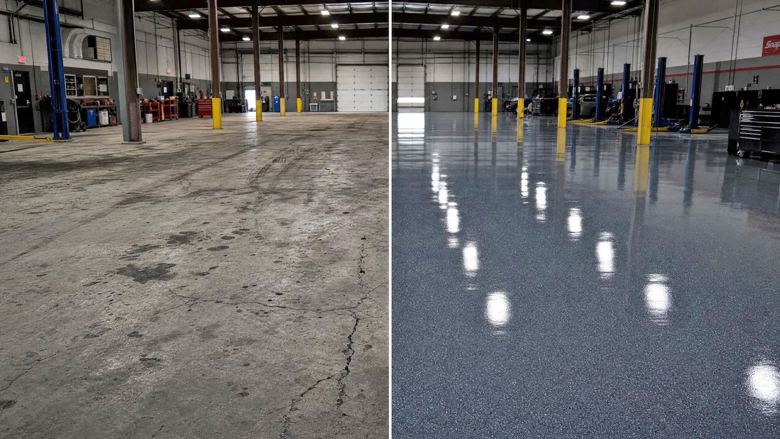 Commercial floor coating before and after — auto shop in Strongsville OH